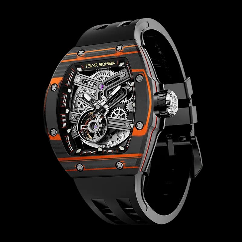 TSAR BOMBA Men's Automatic Skeleton Watch | Interchangeable Luxury Design | Black Orange | Atomic TB8218 | Carbon Fiber — photo 1 of 1