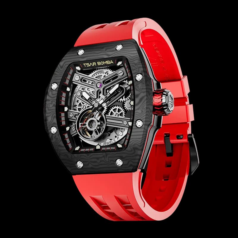 TSAR BOMBA Men's Automatic Skeleton Watch | Interchangeable Luxury Design | Black Red | Atomic TB8218 | Carbon Fiber — photo 1 of 1