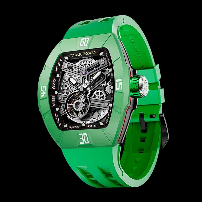 TSAR BOMBA Men's Automatic Skeleton Watch | Interchangeable Luxury Design | Dynamic Green | Atomic TB8218 | Fluororubber — photo 1 of 1