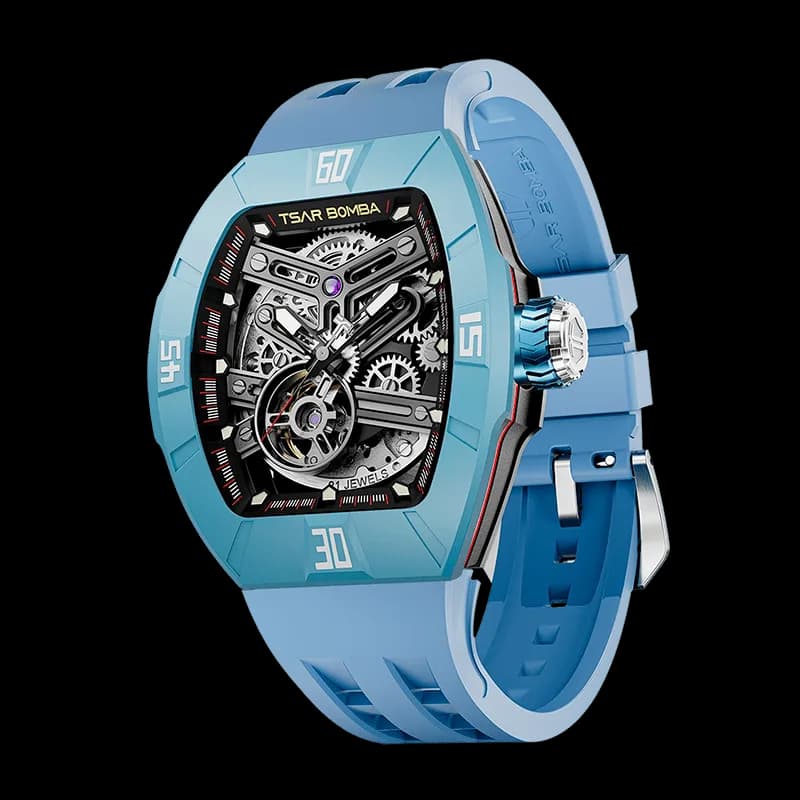 TSAR BOMBA Men's Automatic Skeleton Watch | Interchangeable Luxury Design | Dynamic Light Blue | Atomic TB8218 | Fluororubber — photo 1 of 1