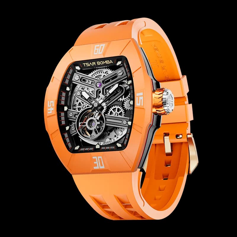 TSAR BOMBA Men's Automatic Skeleton Watch | Interchangeable Luxury Design | Dynamic Orange | Atomic TB8218 | Fluororubber — photo 1 of 1