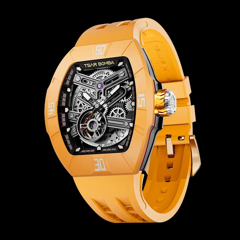 TSAR BOMBA Men's Automatic Skeleton Watch | Interchangeable Luxury Design | Dynamic Yellow | Atomic TB8218 | Fluororubber — photo 1 of 1