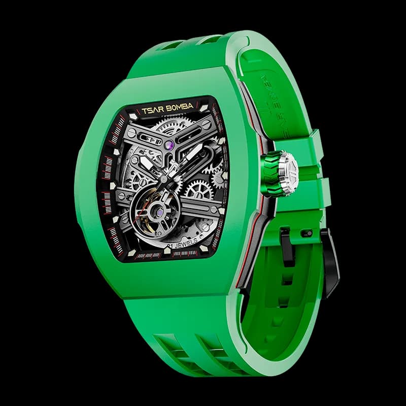 TSAR BOMBA Men's Automatic Skeleton Watch | Interchangeable Luxury Design | Green | Atomic TB8218 | Fluororubber — photo 1 of 1