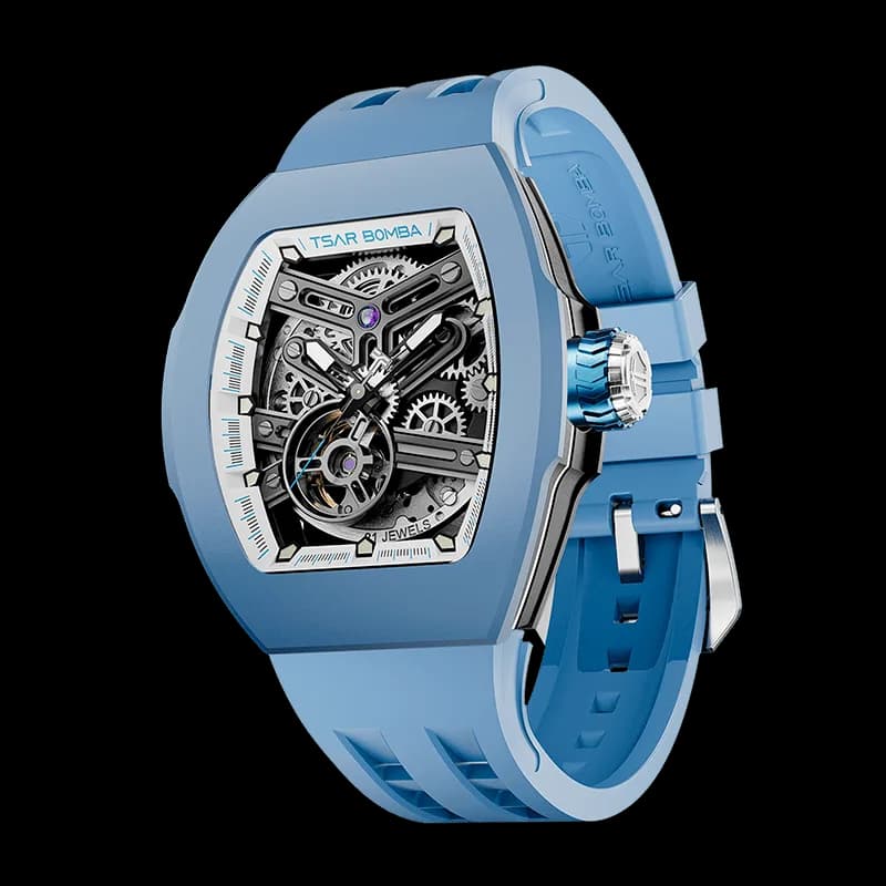 TSAR BOMBA Men's Automatic Skeleton Watch | Interchangeable Luxury Design | Light Blue | Atomic TB8218 | Fluororubber — photo 1 of 1