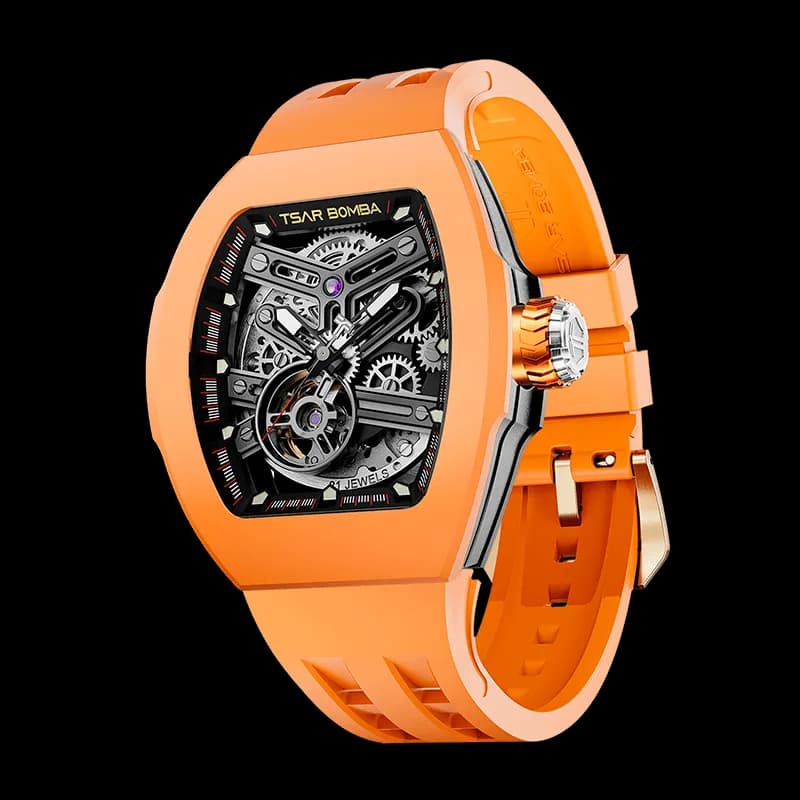 TSAR BOMBA Men's Automatic Skeleton Watch | Interchangeable Luxury Design | Orange | Atomic TB8218 | Fluororubber — photo 1 of 1