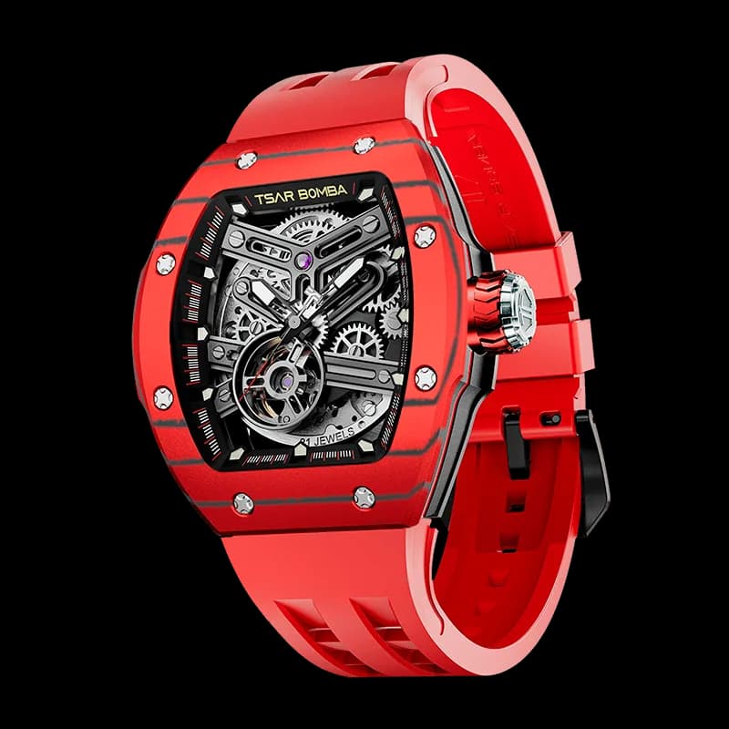 TSAR BOMBA Men's Automatic Skeleton Watch | Interchangeable Luxury Design | Red | Atomic TB8218 | Carbon Fiber — photo 1 of 1