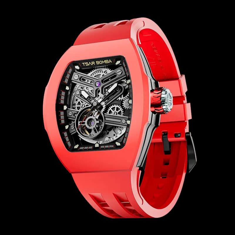 TSAR BOMBA Men's Automatic Skeleton Watch | Interchangeable Luxury Design | Red | Atomic TB8218 | Fluororubber — photo 1 of 1