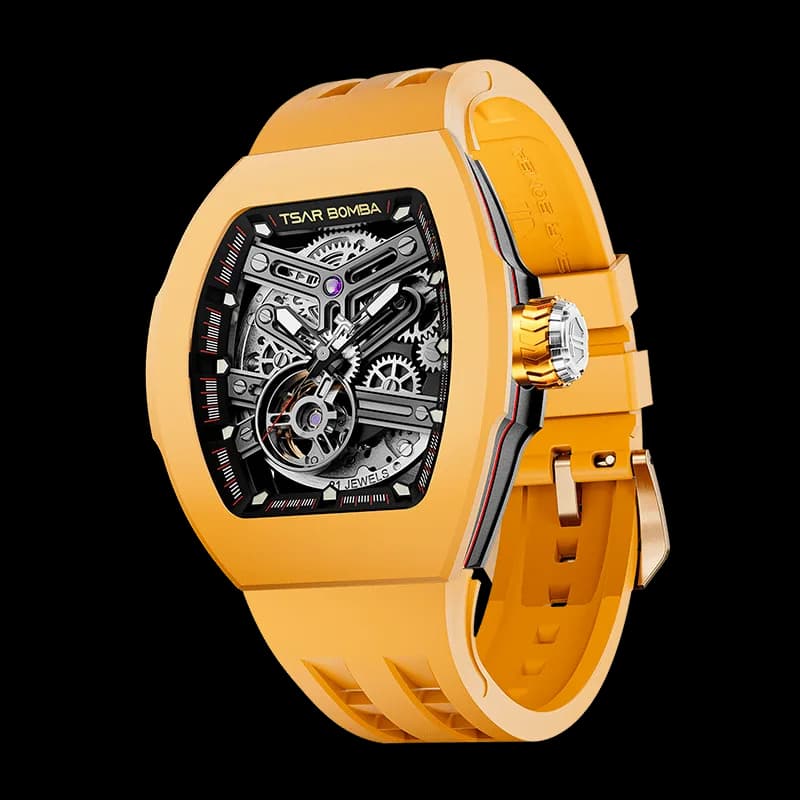 TSAR BOMBA Men's Automatic Skeleton Watch | Interchangeable Luxury Design | Yellow | Atomic TB8218 | Fluororubber — photo 1 of 1