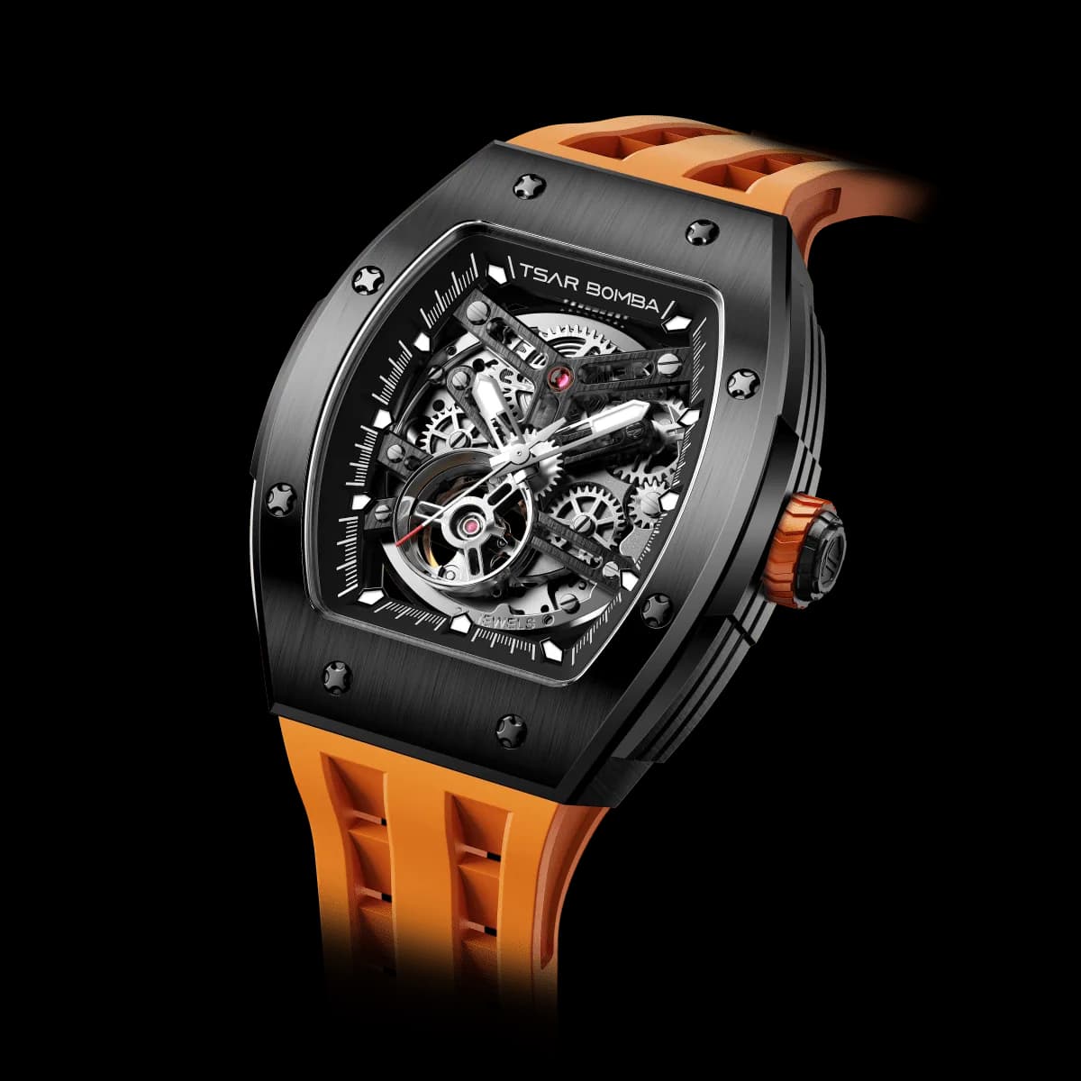 TSAR BOMBA Men's Automatic Watch | Black Orange | Stainless Steel Case | Japanese Mechanical Skeleton Movement | Luxury Sport Wristwatch | Elemental TB8228A — photo 1 of 1