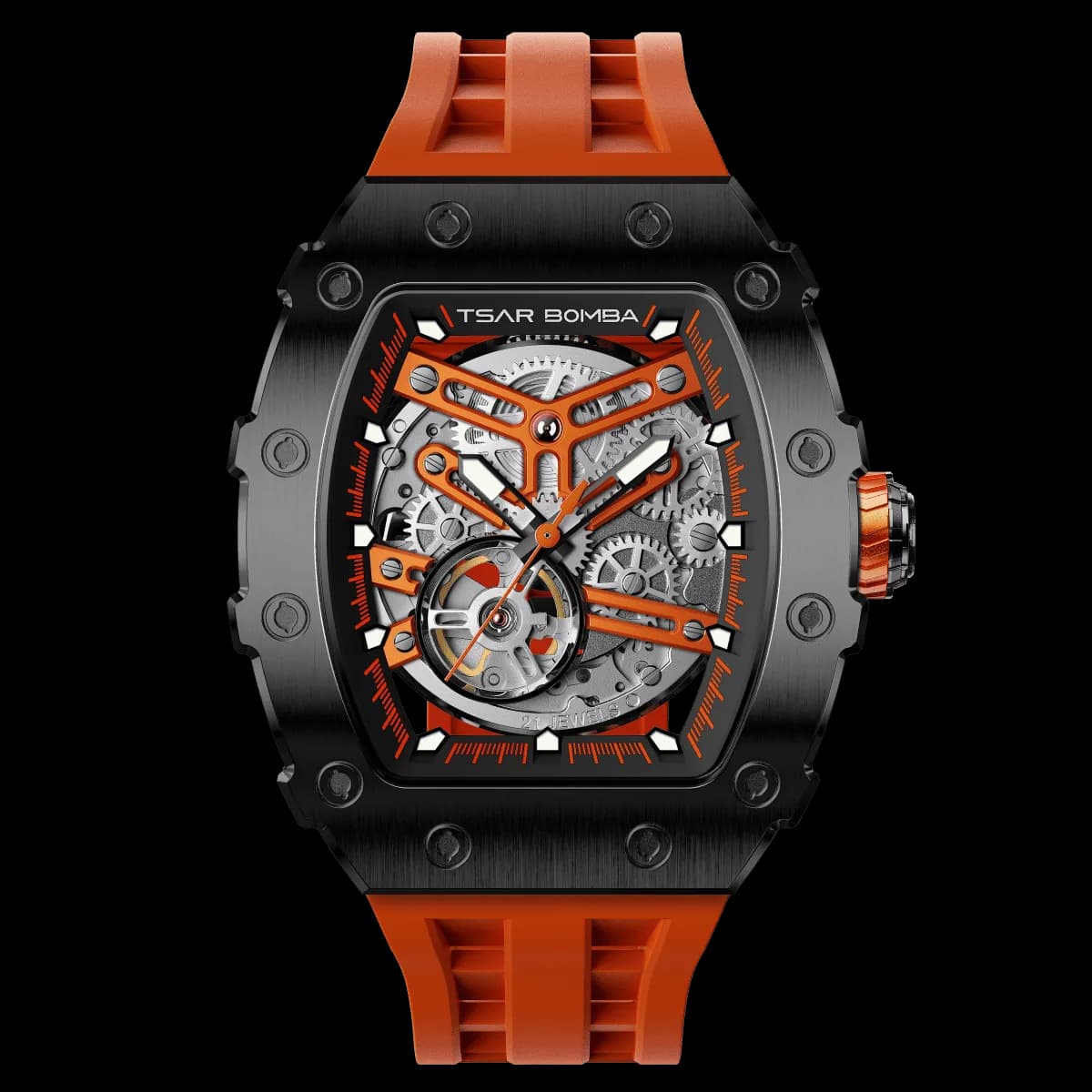 TSAR BOMBA Men's Automatic Watch | Black Orange | Stainless Steel Case | Japanese Mechanical Skeleton Movement | Luxury Sport Wristwatch | Elemental TB8208A — photo 1 of 1