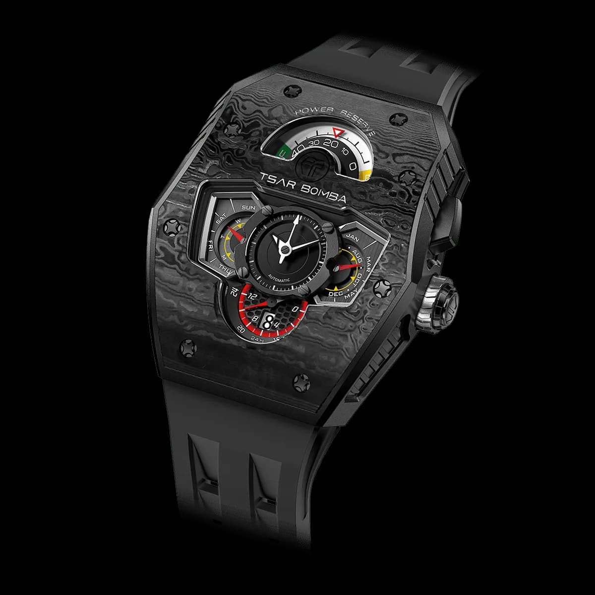 TSAR BOMBA Men's Automatic Watch | Black | Stainless Steel Case | Carbon Fiber Bezel | Japanese Mechanical Skeleton Movement | Unconventional time display | Luxury Sport Wristwatch | Reactor Parallax — photo 1 of 1