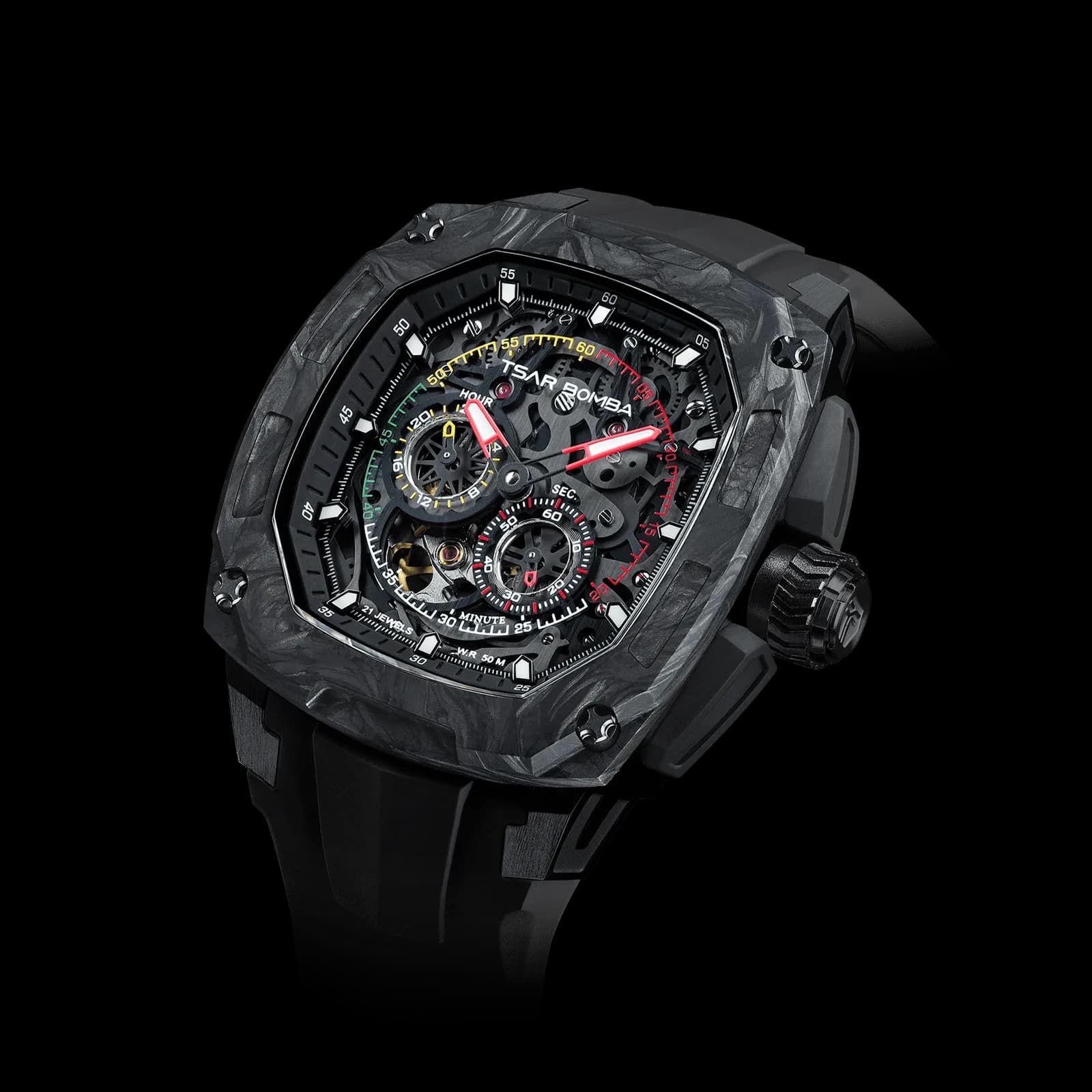 TSAR BOMBA Men's Automatic Watch | Black | Tonneau Carbon Fiber Bezel | Citizen Miyota 82S7 Movement | 5ATM Waterproof Sport Luxury Skeleton Wristwatch | Dark Matter 1 TB8601 — photo 1 of 1