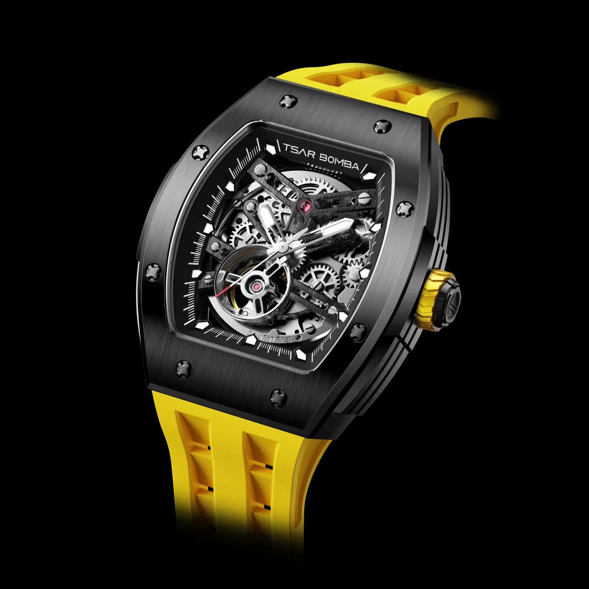 TSAR BOMBA Men's Automatic Watch | Black Yellow | Stainless Steel Case | Japanese Mechanical Skeleton Movement | Luxury Sport Wristwatch | Elemental TB8228A — photo 1 of 1