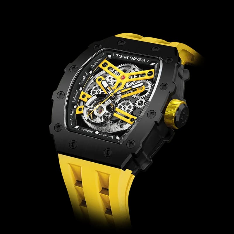 TSAR BOMBA Men's Automatic Watch | Black Yellow | Stainless Steel Case | Japanese Mechanical Skeleton Movement | Luxury Sport Wristwatch | Elemental TB8208A — photo 1 of 1