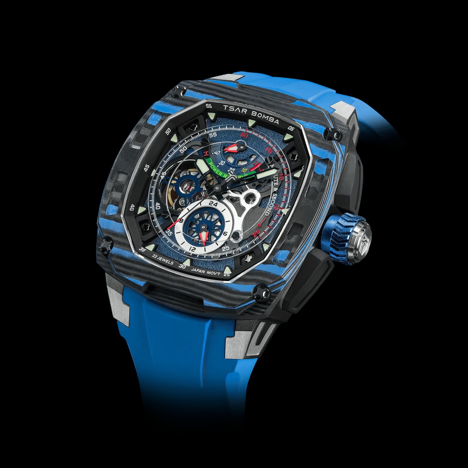 TSAR BOMBA Men's Automatic Watch | Blue | Titanium Case | Carbon Fiber Bezel | Skeleton Dial | 10ATM Waterproof Mechanical Luxury Men's Wristwatch | Dark Matter 2 TB8602 — photo 1 of 1