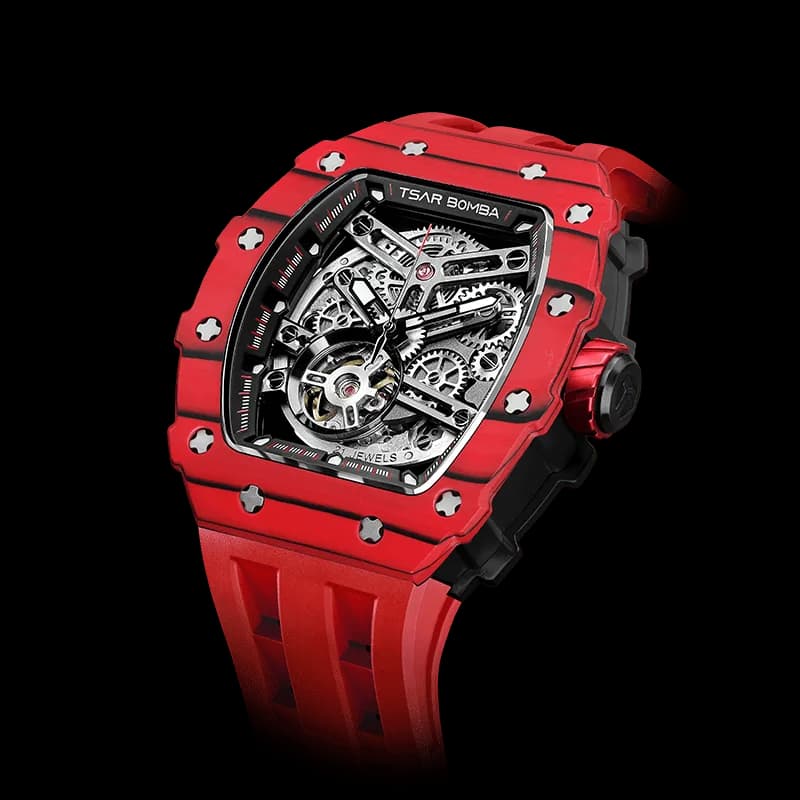 TSAR BOMBA Men's Automatic Watch | Carbon Fiber Luxury Skeleton Wristwatch | Bull Red | Elemental TB8208CF | Tonneau Mechanical Watch | Sapphire Glass | 50M Waterproof Sport Watch | Gift for Men — photo 1 of 1