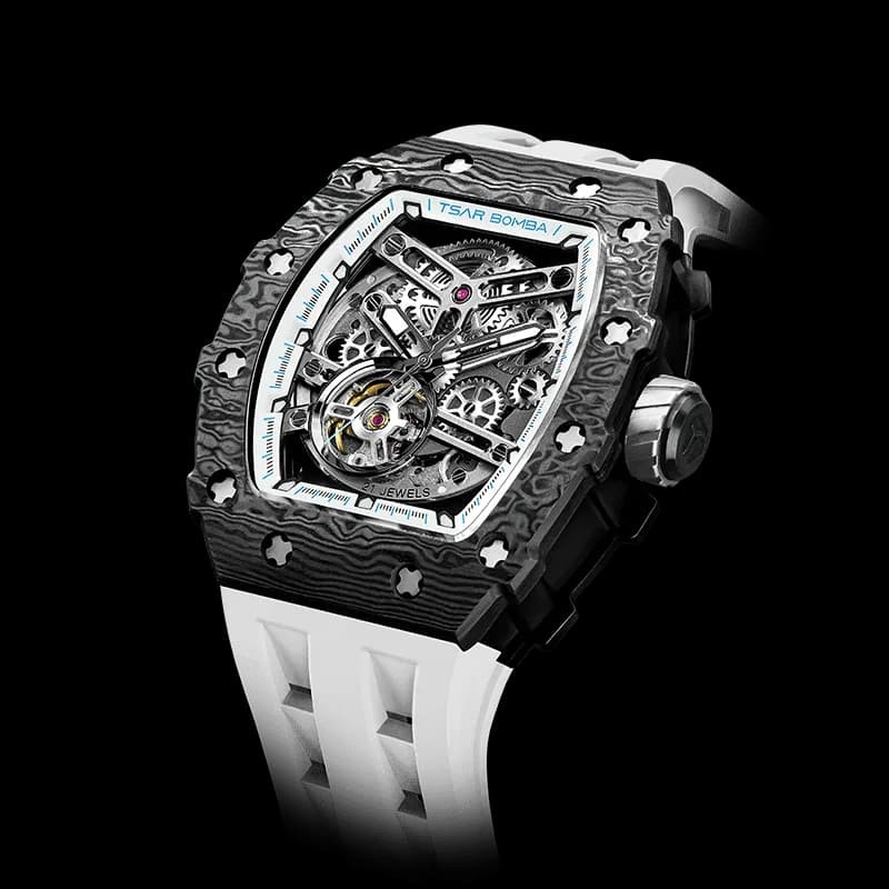 TSAR BOMBA Men's Automatic Watch | Carbon Fiber Luxury Skeleton Wristwatch | Elegant White | Elemental TB8208CF | Tonneau Mechanical Watch | Sapphire Glass | 50M Waterproof Sport Watch | Gift for Men — photo 1 of 1