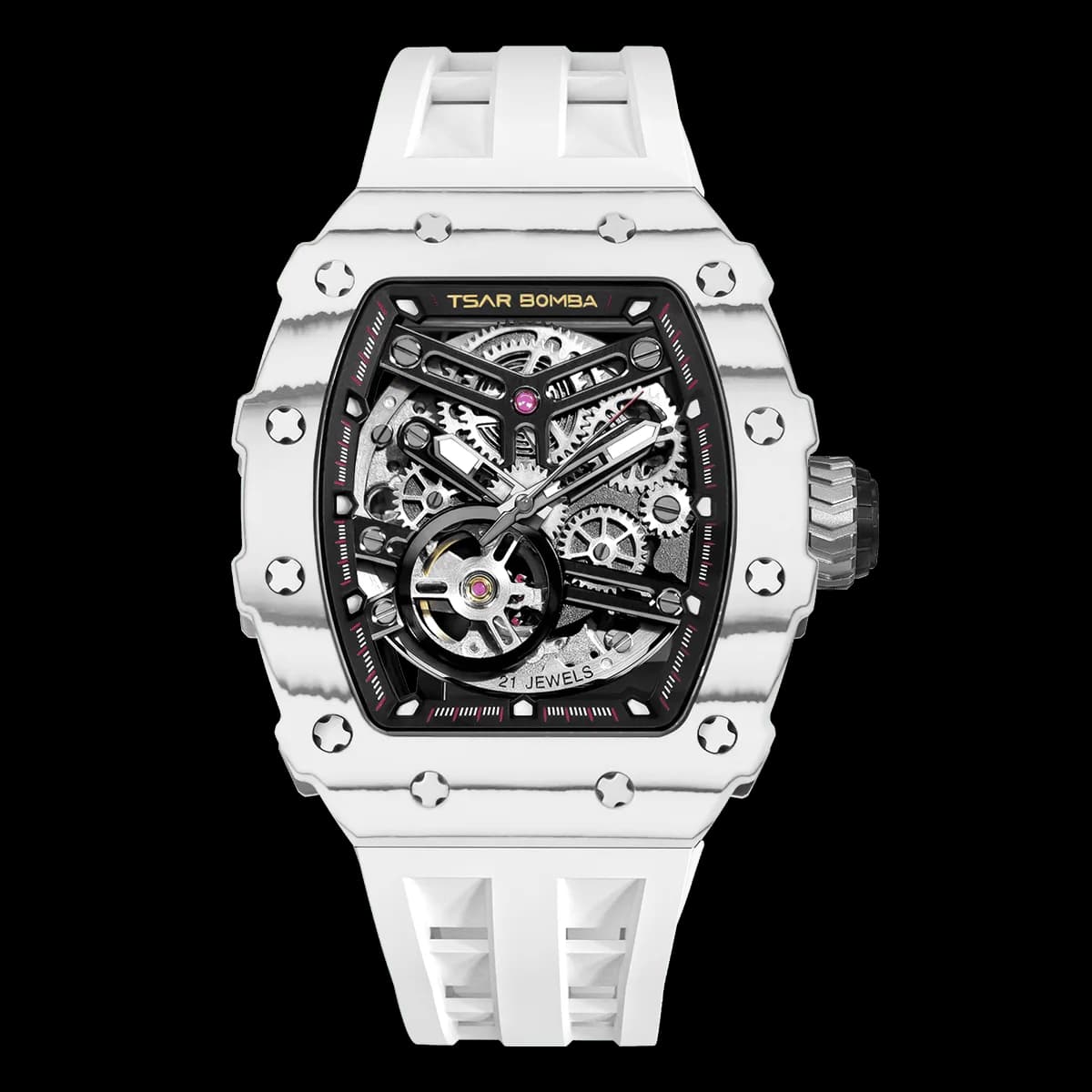 TSAR BOMBA Men's Automatic Watch | Carbon Fiber Luxury Skeleton Wristwatch | Elite White | Elemental TB8208CF | Tonneau Mechanical Watch | Sapphire Glass | 50M Waterproof Sport Watch | Gift for Men — photo 1 of 1
