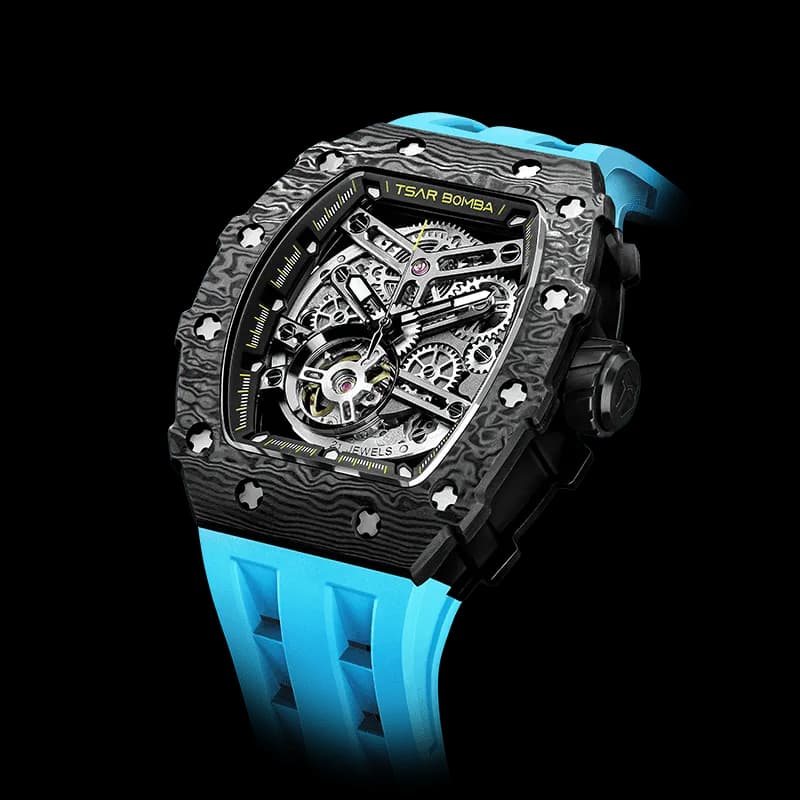 TSAR BOMBA Men's Automatic Watch | Carbon Fiber Luxury Skeleton Wristwatch | Fashion Blue | Elemental TB8208CF | Tonneau Mechanical Watch | Sapphire Glass | 50M Waterproof Sport Watch | Gift for Men — photo 1 of 1