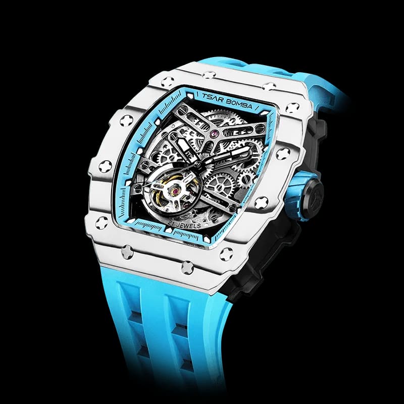 TSAR BOMBA Men's Automatic Watch | Carbon Fiber Luxury Skeleton Wristwatch | White Blue | Elemental TB8208CF | Tonneau Mechanical Watch | Sapphire Glass | 50M Waterproof Sport Watch | Gift for Men — photo 1 of 1