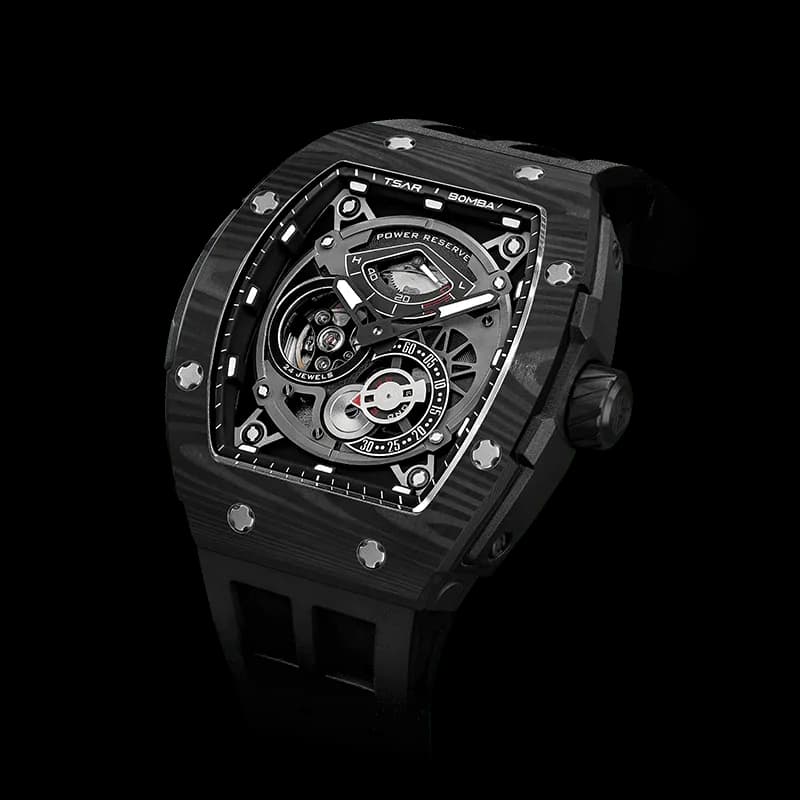TSAR BOMBA Men's Automatic Watch | Cool Black | Elementalal TB8210CF | Carbon Fiber Bezel | Luxury Skeleton Mechanical Watch | Sapphire Glass 50M Waterproof FKM Rubber Strap — photo 1 of 1