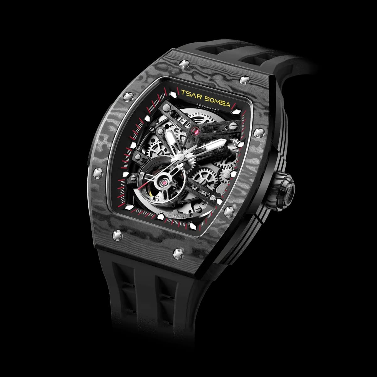 TSAR BOMBA Men's Automatic Watch | Cool Black | Stainless Steel Case | Carbon Fiber Bezel | Japanese Mechanical Skeleton Movement | Luxury Sport Wristwatch | Elemental TB8228CF — photo 1 of 1
