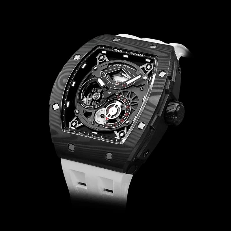TSAR BOMBA Men's Automatic Watch | Elite White | Elementalal TB8210CF | Carbon Fiber Bezel | Luxury Skeleton Mechanical Watch | Sapphire Glass 50M Waterproof FKM Rubber Strap — photo 1 of 1