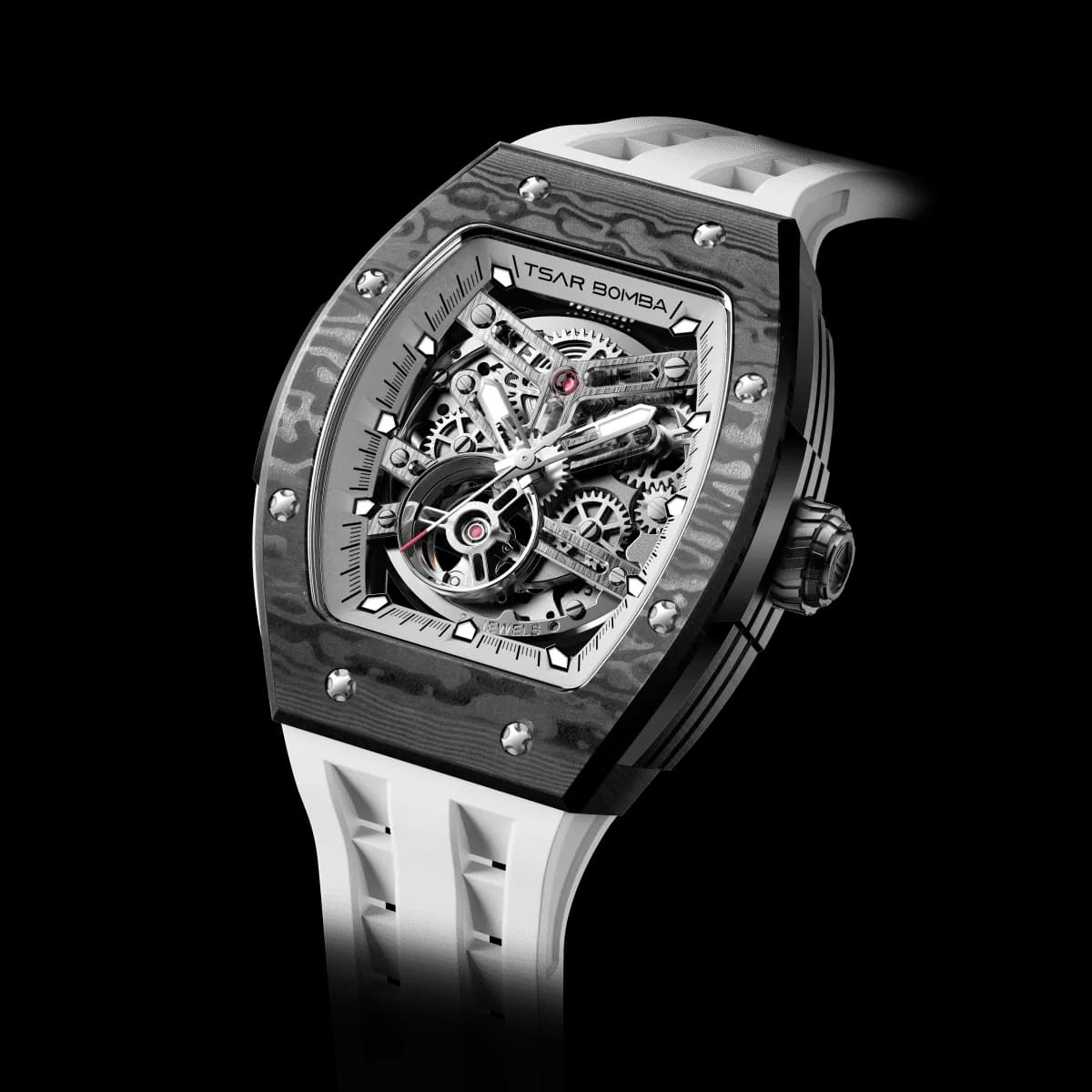 TSAR BOMBA Men's Automatic Watch | Elite White | Stainless Steel Case | Carbon Fiber Bezel | Japanese Mechanical Skeleton Movement | Luxury Sport Wristwatch | Elemental TB8228CF — photo 1 of 1