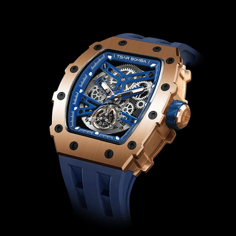 TSAR BOMBA Men's Automatic Watch | Gold Blue | Stainless Steel Case | Japanese Mechanical Skeleton Movement | Luxury Sport Wristwatch | Elemental TB8208A — photo 1 of 1