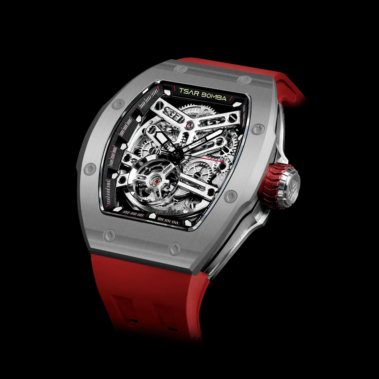 TSAR BOMBA Men's Automatic Watch | Grey Red | Skeleton Mechanical Wristwatch | Stainless Steel Case | 5ATM Waterproof Luxury Sports Watch | Atomic TB8218 — photo 1 of 1