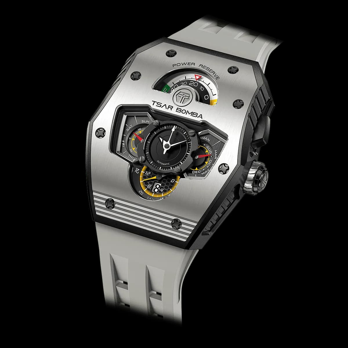 TSAR BOMBA Men's Automatic Watch | Grey | Stainless Steel Case | Ceramic Bezel | Japanese Mechanical Skeleton Movement | Unconventional time display | Luxury Sport Wristwatch | Reactor Parallax — photo 1 of 1