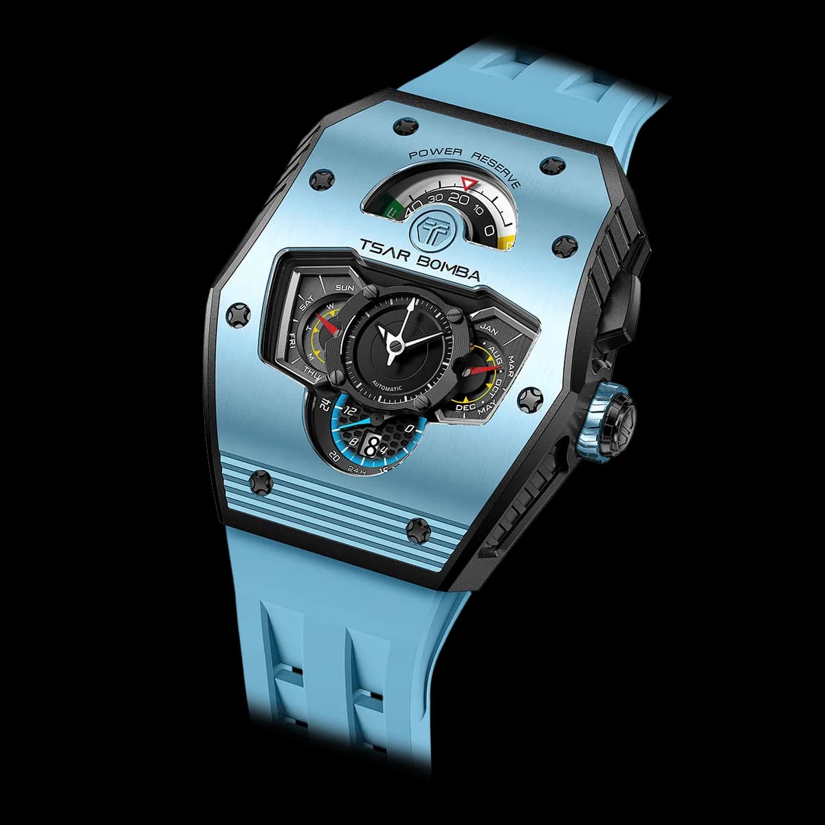 TSAR BOMBA Men's Automatic Watch | Lake Blue | Stainless Steel Case | Ceramic Bezel | Japanese Mechanical Skeleton Movement | Unconventional time display | Luxury Sport Wristwatch | Reactor Parallax — photo 1 of 1