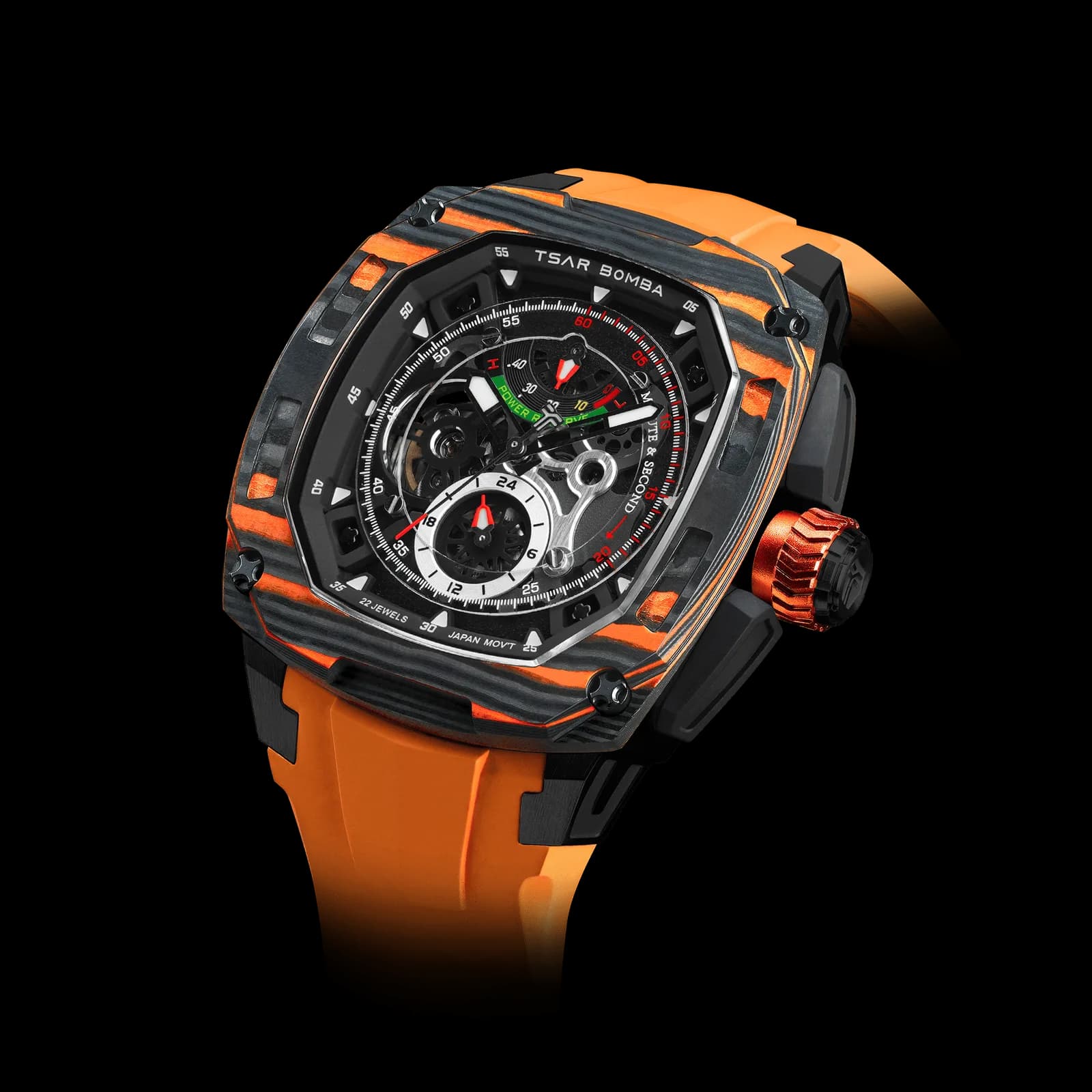TSAR BOMBA Men's Automatic Watch | Orange | Titanium Case | Carbon Fiber Bezel | Skeleton Dial | 10ATM Waterproof Mechanical Luxury Men's Wristwatch | Dark Matter 2 TB8602 — photo 1 of 1