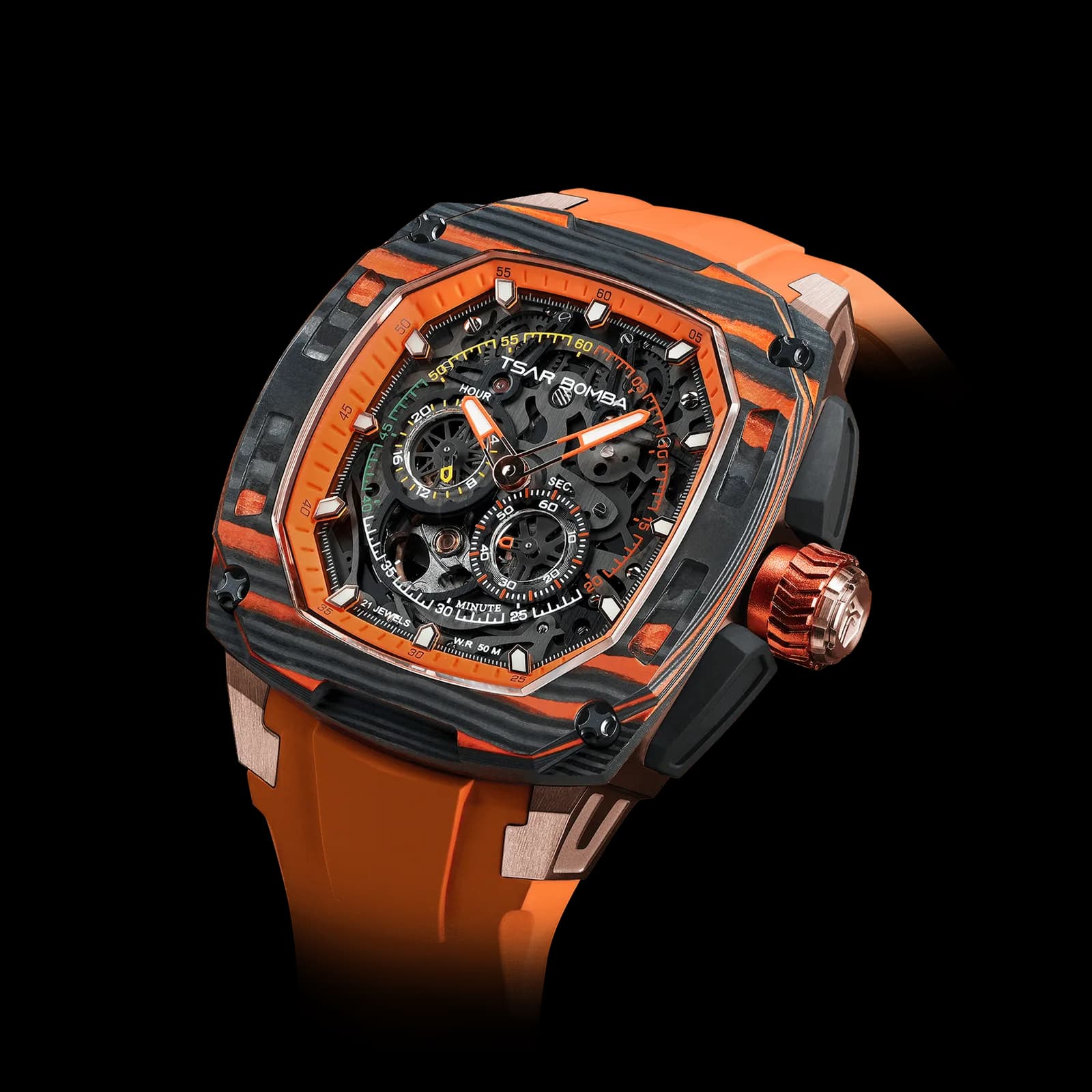 TSAR BOMBA Men's Automatic Watch | Orange | Tonneau Carbon Fiber Bezel | Citizen Miyota 82S7 Movement | 5ATM Waterproof Sport Luxury Skeleton Wristwatch | Dark Matter 1 TB8601 — photo 1 of 1