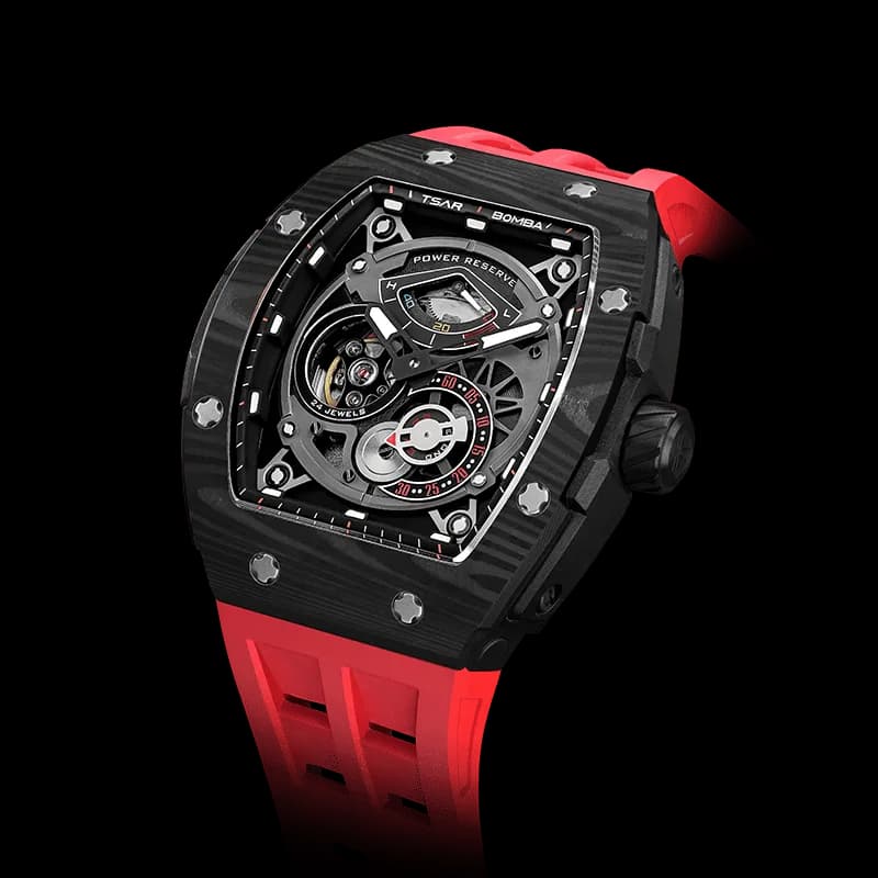 TSAR BOMBA Men's Automatic Watch | Passion Red | Elementalal TB8210CF | Carbon Fiber Bezel | Luxury Skeleton Mechanical Watch | Sapphire Glass 50M Waterproof FKM Rubber Strap — photo 1 of 1
