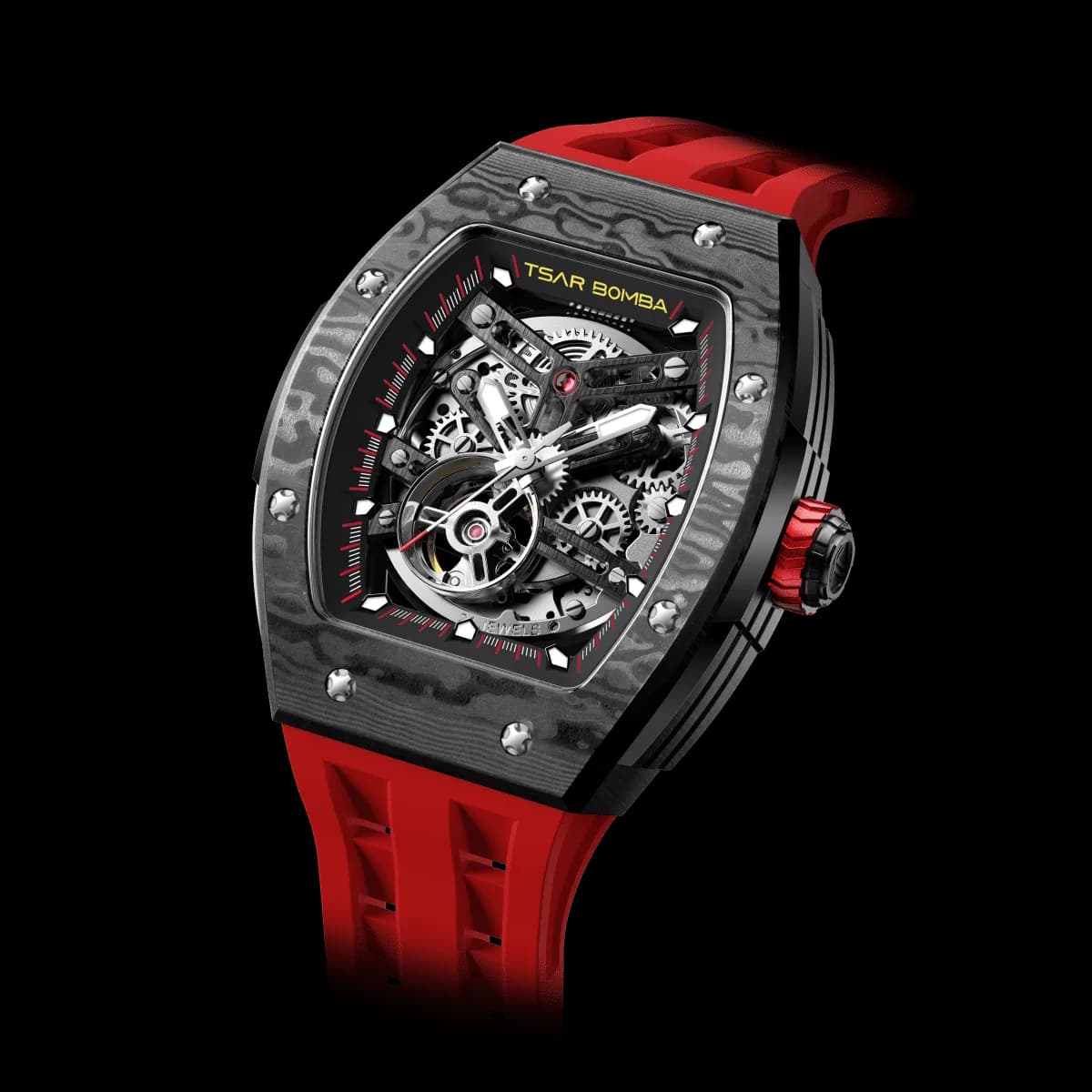 TSAR BOMBA Men's Automatic Watch | Passion Red | Stainless Steel Case | Carbon Fiber Bezel | Japanese Mechanical Skeleton Movement | Luxury Sport Wristwatch | Elemental TB8228CF — photo 1 of 1