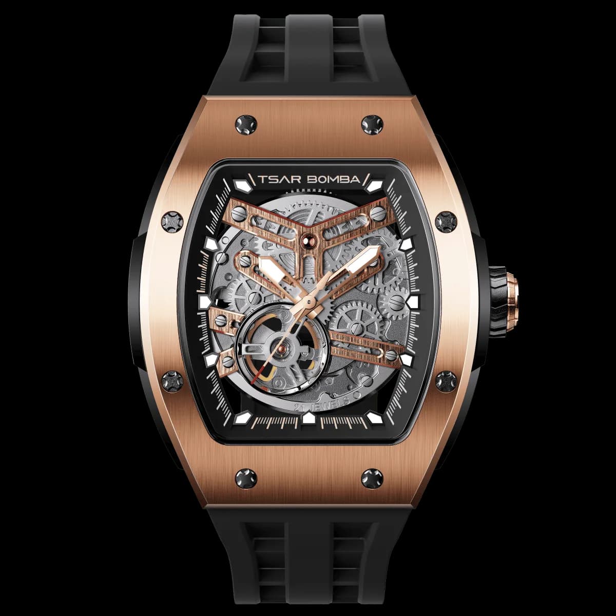 TSAR BOMBA Men's Automatic Watch | Rose Gold Black | Stainless Steel Case | Japanese Mechanical Skeleton Movement | Luxury Sport Wristwatch | Elemental TB8228A — photo 1 of 1