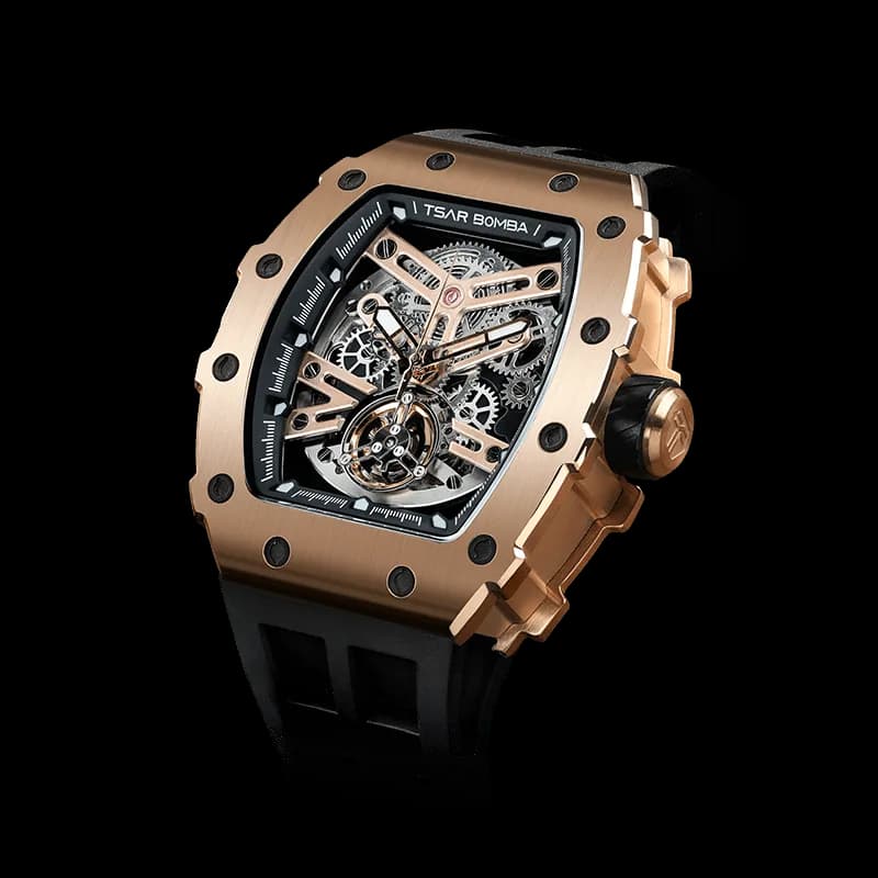 TSAR BOMBA Men's Automatic Watch | Rose Golden Black | Stainless Steel Case | Japanese Mechanical Skeleton Movement | Luxury Sport Wristwatch | Elemental TB8208A — photo 1 of 1