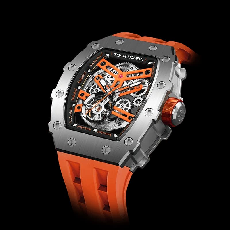 TSAR BOMBA Men's Automatic Watch | Silver Orange | Stainless Steel Case | Japanese Mechanical Skeleton Movement | Luxury Sport Wristwatch | Elemental TB8208A — photo 1 of 1