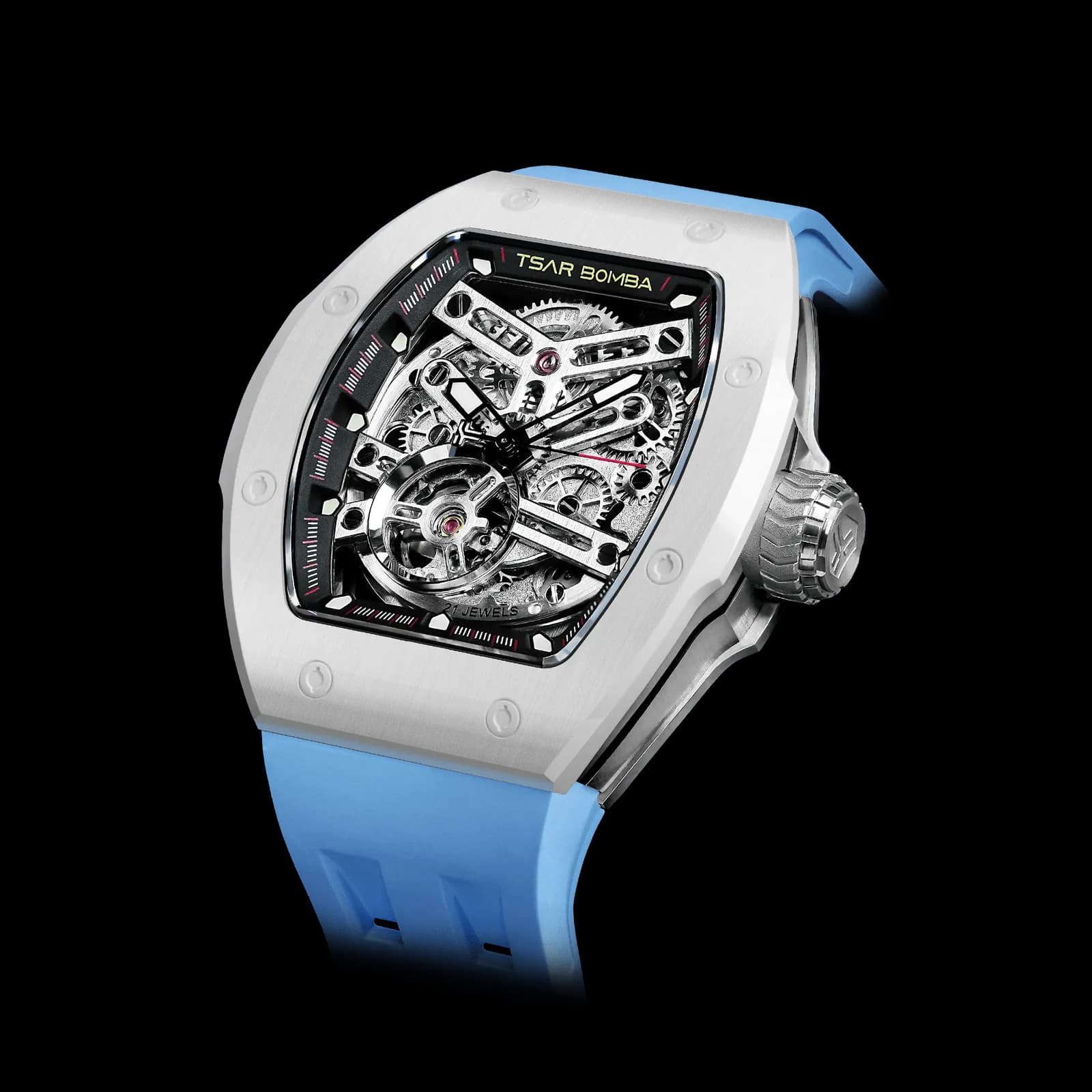 TSAR BOMBA Men's Automatic Watch | White Blue | Skeleton Mechanical Wristwatch | Stainless Steel Case | 5ATM Waterproof Luxury Sports Watch | Atomic TB8218 — photo 1 of 1