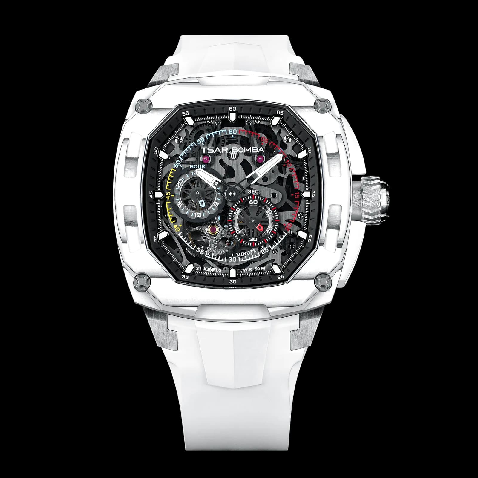 TSAR BOMBA Men's Automatic Watch | White | Tonneau Carbon Fiber Bezel | Citizen Miyota 82S7 Movement | 5ATM Waterproof Sport Luxury Skeleton Wristwatch | Dark Matter 1 TB8601 — photo 1 of 1