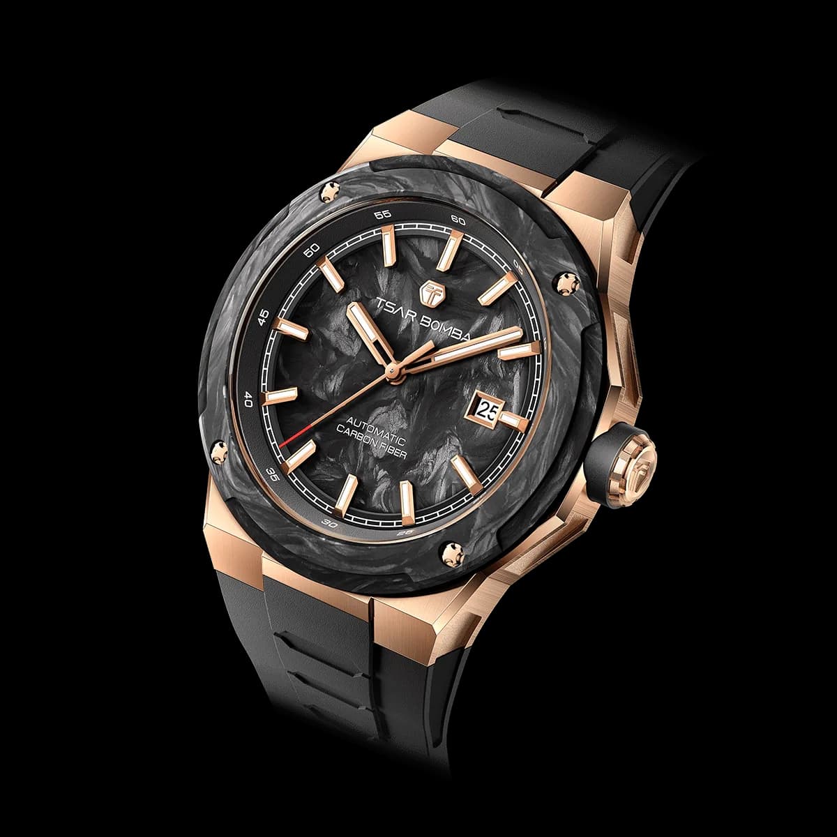TSAR BOMBA Men's Carbon Fiber Automatic Watch | Carbon Fiber Dial | Rose Gold Black | Electron Series | Miyota Movement | 10ATM Waterproof — photo 1 of 1