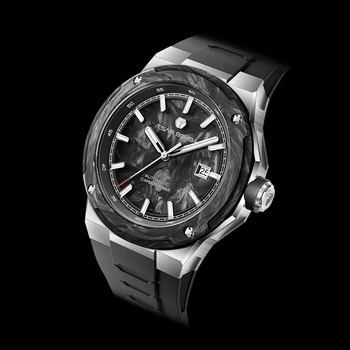 TSAR BOMBA Men's Carbon Fiber Automatic Watch | Carbon Fiber Dial | Silver Black | Electron Series | Miyota Movement | 10ATM Waterproof — photo 1 of 1