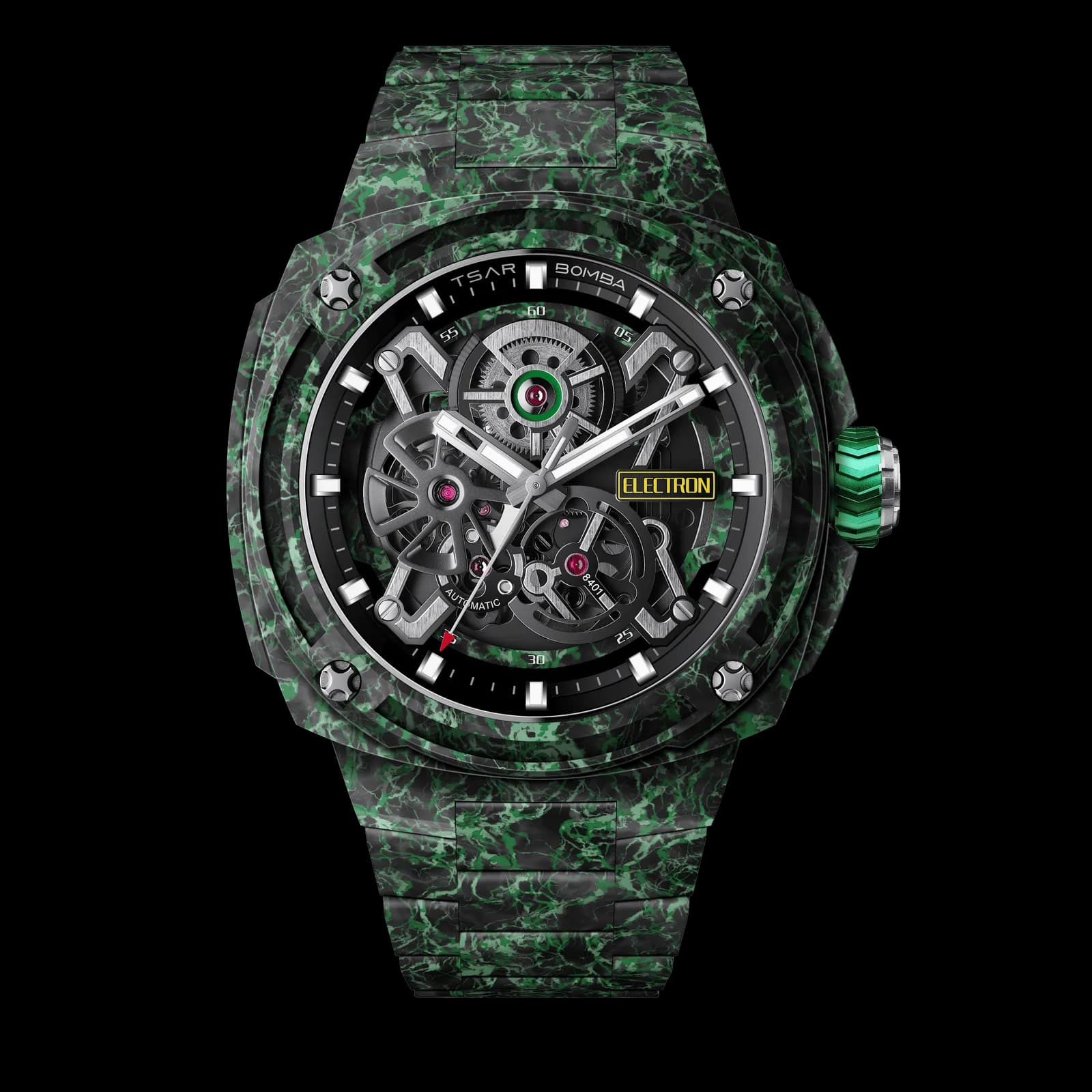 TSAR BOMBA Men's Carbon Fiber Automatic Watch | Skeleton Mechanical | Green | Electron Series | Seiko NH72 Movement | 10ATM Waterproof — photo 1 of 1