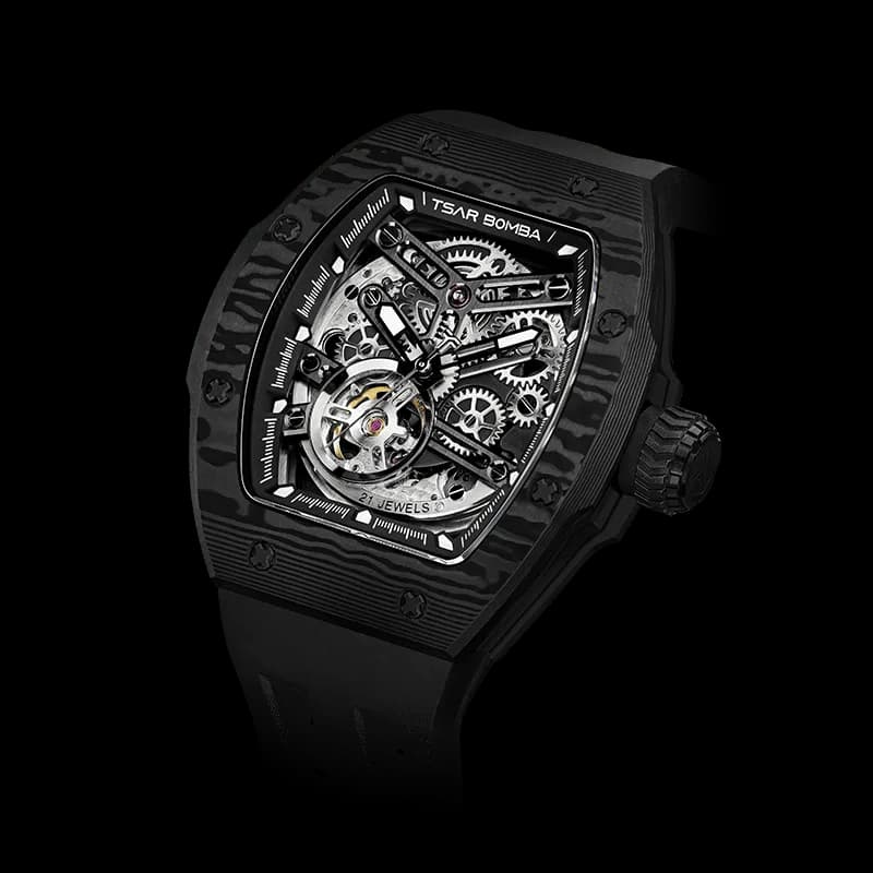TSAR BOMBA Men's Full Carbon Fiber Automatic Watch | Black | Skeleton Dial | Interchangeable Bezel & Strap | 10ATM Waterproof Luxury Sport Timepiece | Atomic TB8218 — photo 1 of 1