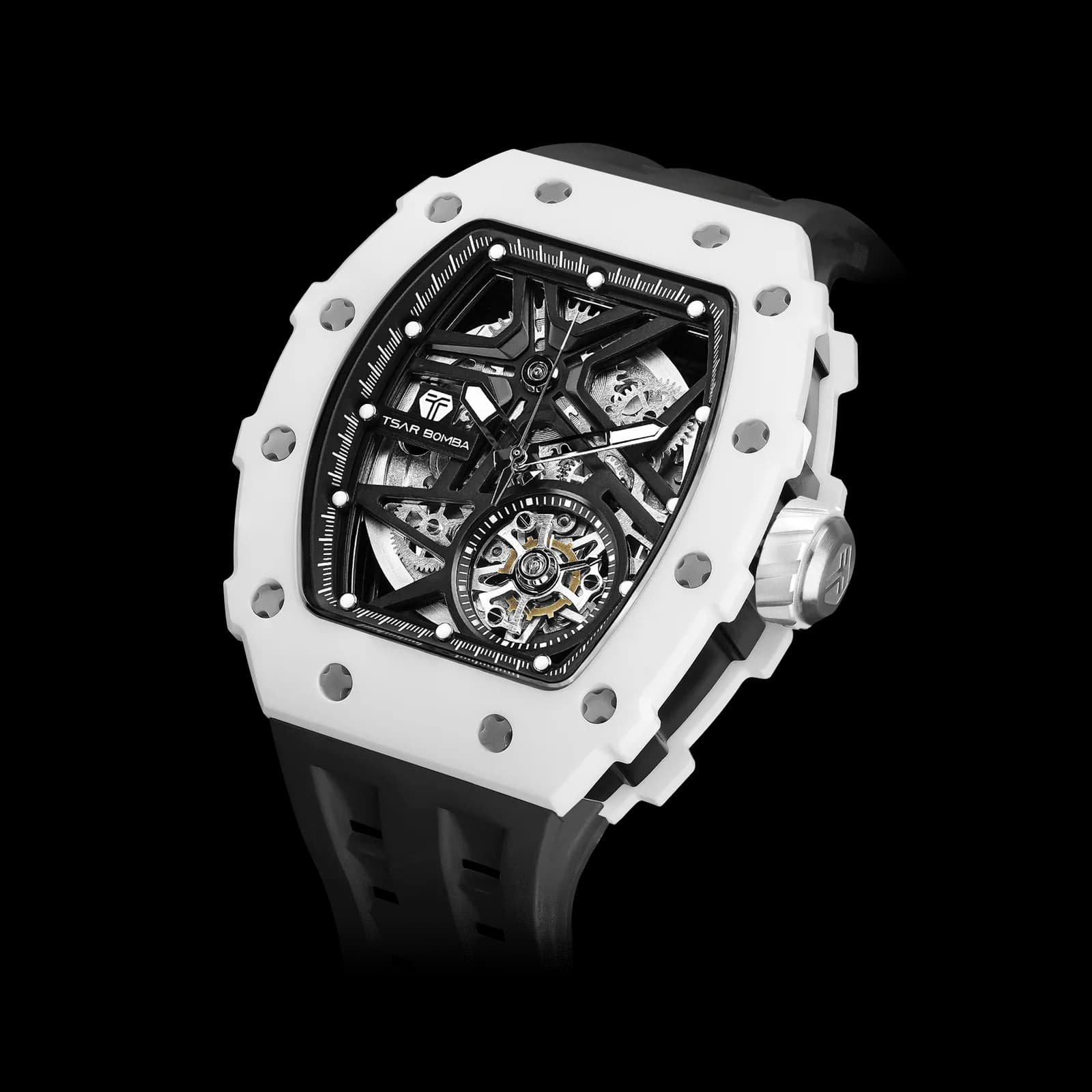 TSAR BOMBA Men's Luxury Ceramic Bezel Skeleton Mechanical Watch | Black | Elementalal TB8209C | Sapphire Glass 50M Waterproof FKM Rubber Strap — photo 1 of 1