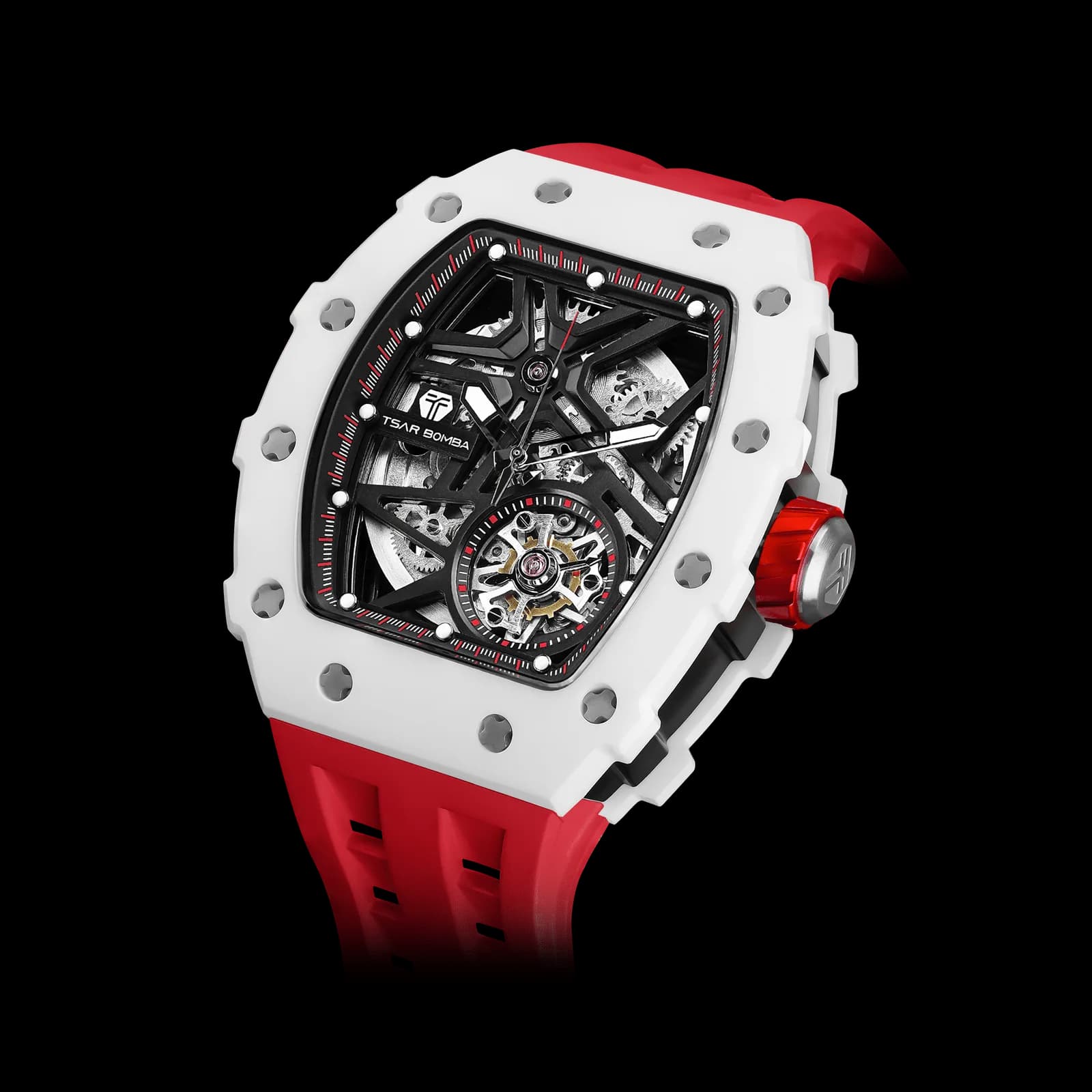 TSAR BOMBA Men's Luxury Ceramic Bezel Skeleton Mechanical Watch | Red | Elementalal TB8209C | Sapphire Glass 50M Waterproof FKM Rubber Strap — photo 1 of 1