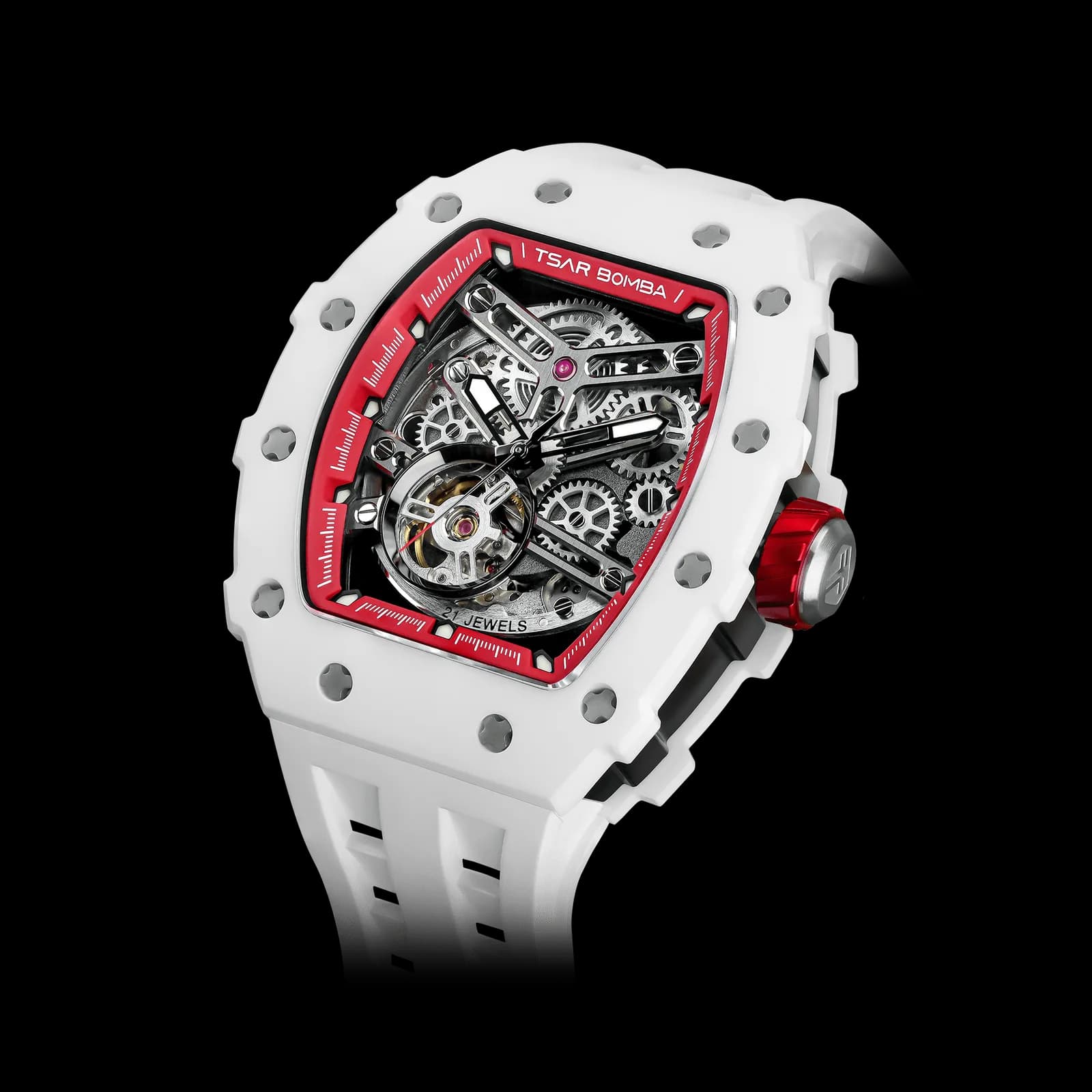 TSAR BOMBA Men's Luxury Ceramic Bezel Skeleton Mechanical Watch | White Red | Elementalal TB8208 | Sapphire Glass 50M Waterproof FKM Rubber Strap — photo 1 of 1