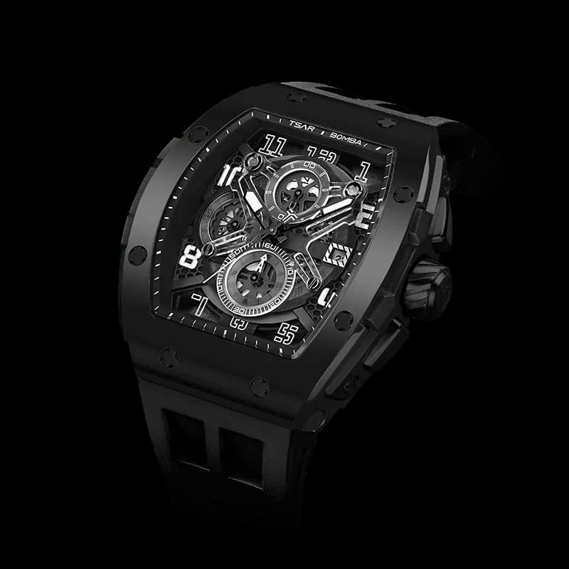 TSAR BOMBA Men's Luxury Quartz Chronograph Watch | Black | Tonneau Stainless Steel Case | Sapphire Glass | 50M Waterproof Sport Wristwatch | Elemental TB8211Q — photo 1 of 1