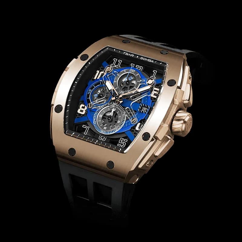 TSAR BOMBA Men's Luxury Quartz Chronograph Watch | Gold Black | Tonneau Stainless Steel Case | Sapphire Glass | 50M Waterproof Sport Wristwatch | Elemental TB8211Q — photo 1 of 1